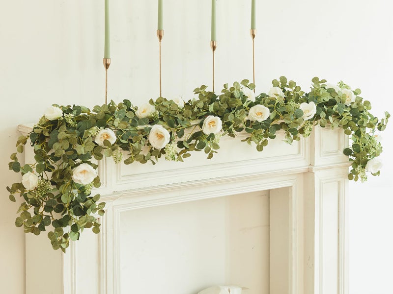 Partyjoy PARTY JOY 6.56ft Eucalyptus Garland with Flowers-8 White Roses, Artificial Fake Flowers Greenery Garland Floral Vines for Decoration Party Wedding Table Indoor Outdoor Backdrop Wall Decor(White) - Image 4